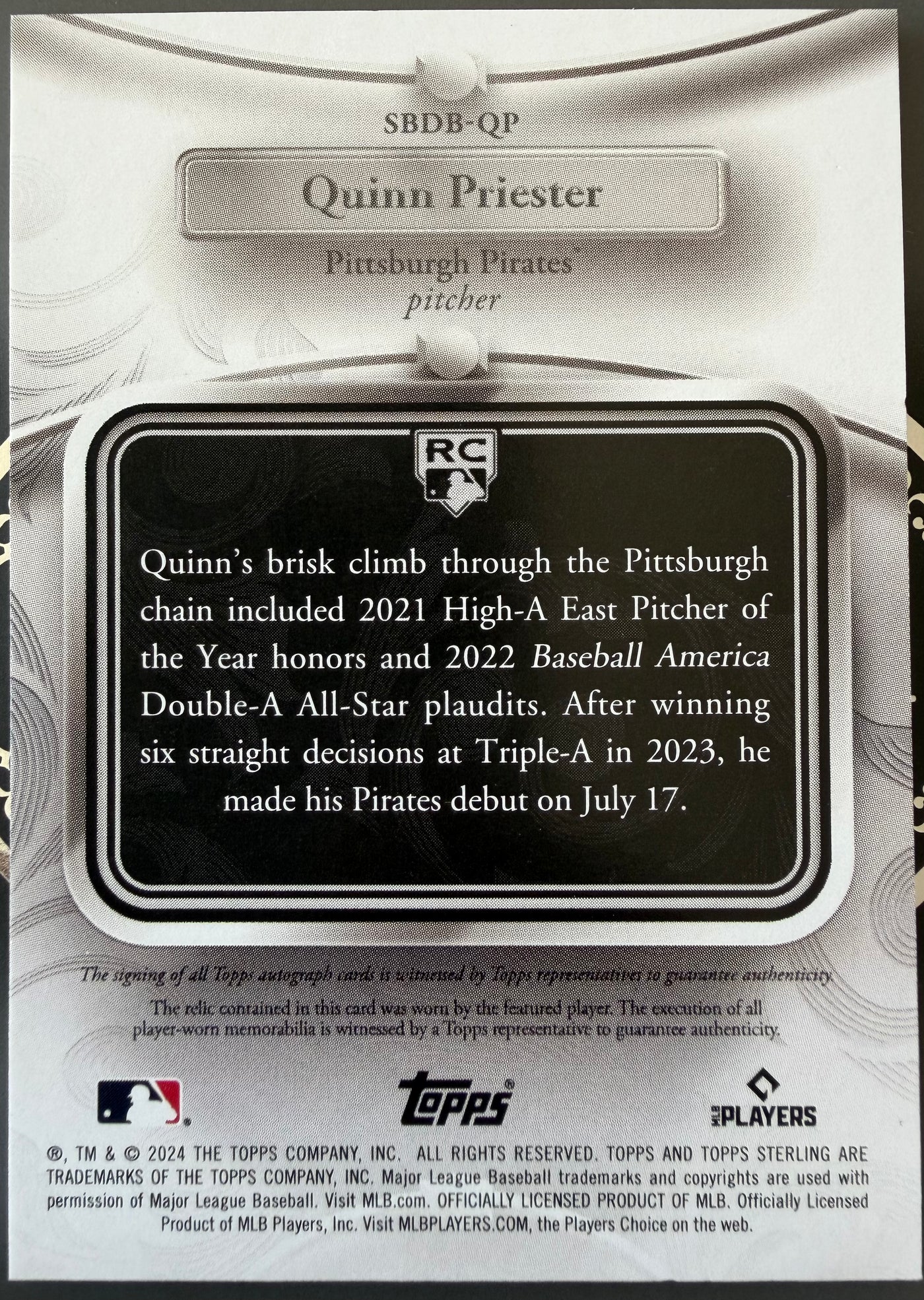 2024 Topps Sterling - Quinn Priester [Silver] Patch / Auto /25 RC