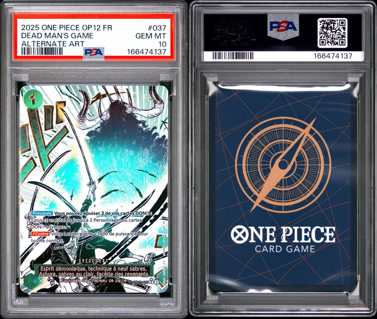 PSA 10 Demon Aura Nine Sword Style Asura Blades Drawn Dead Man's Game [Alternate Art] OP12-037